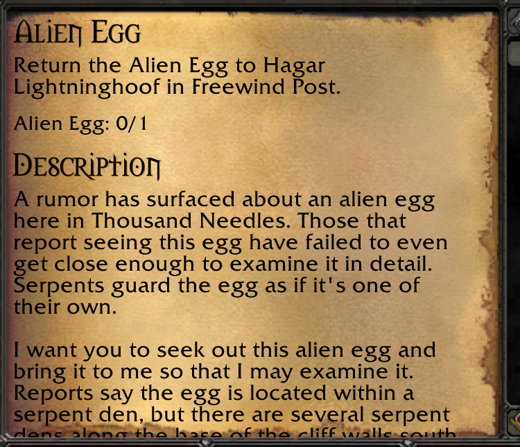 Screenshot of the "Alien Egg" quest from Classic WoW
