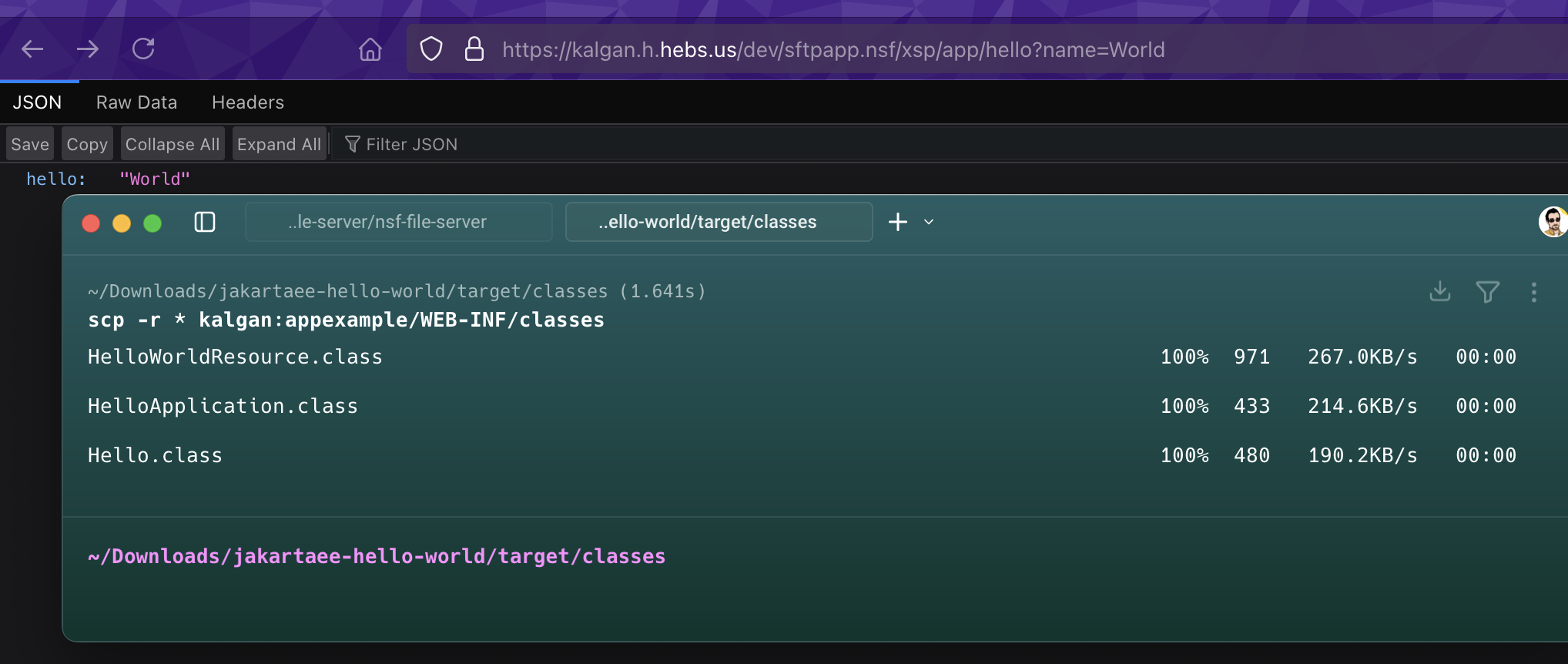 Screenshot of Java bytecode being uploaded via scp to an NSF and a REST service working