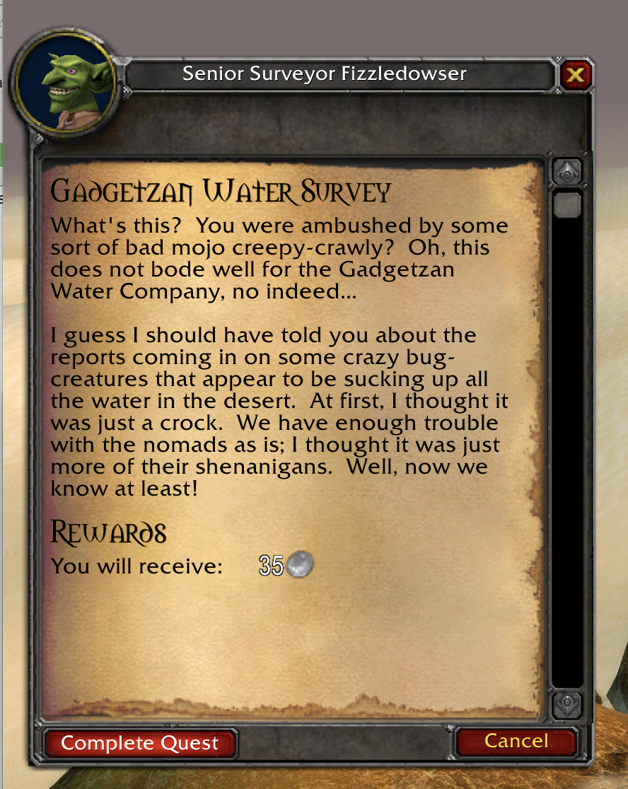 Screenshot of the "Gadgetzan Water Supply" quest from Classic WoW