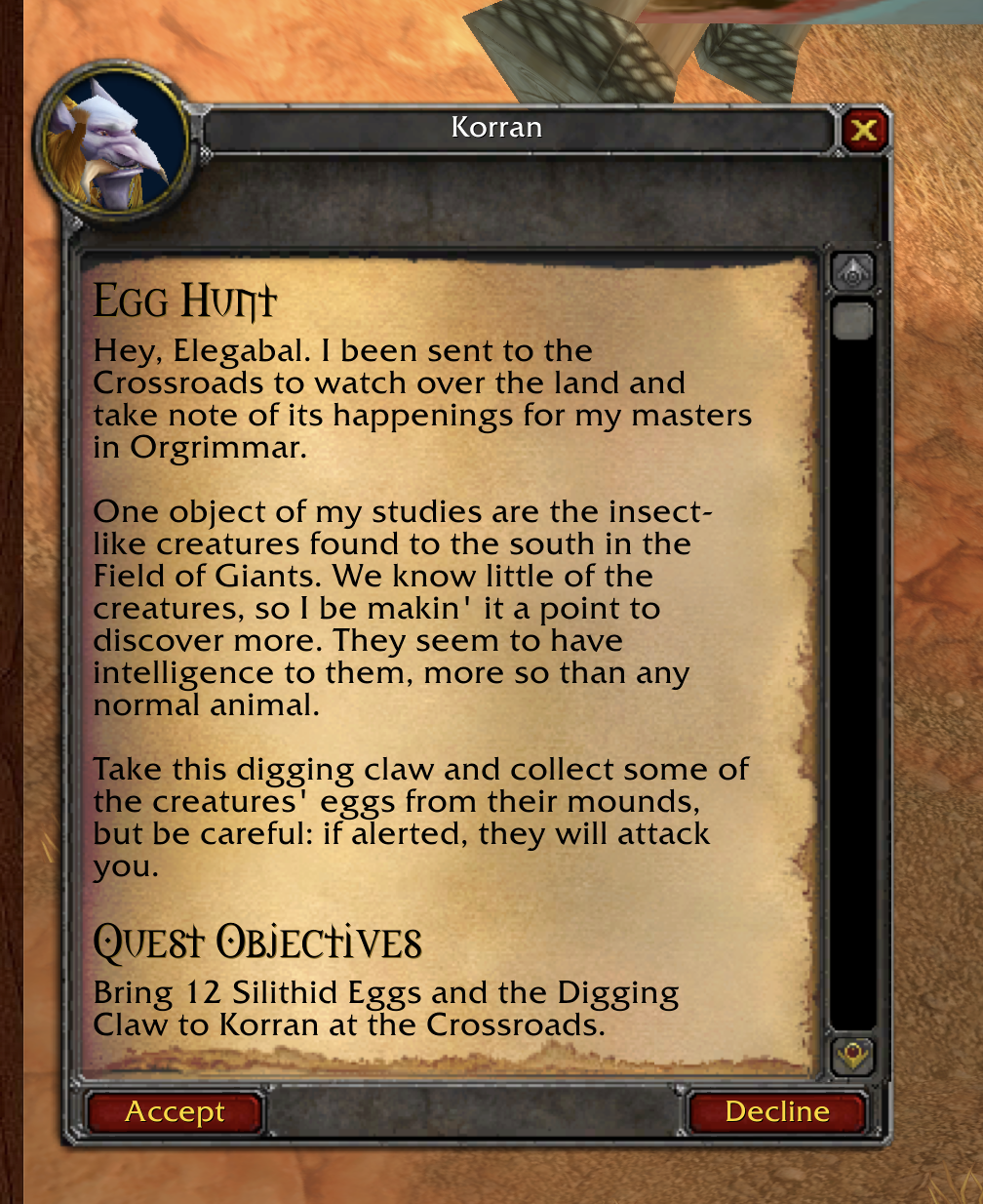 Screenshot of the "Egg Hunt" quest dialog from Classic WoW