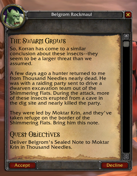 Screenshot of the "The Swarm Grows" quest from Classic WoW
