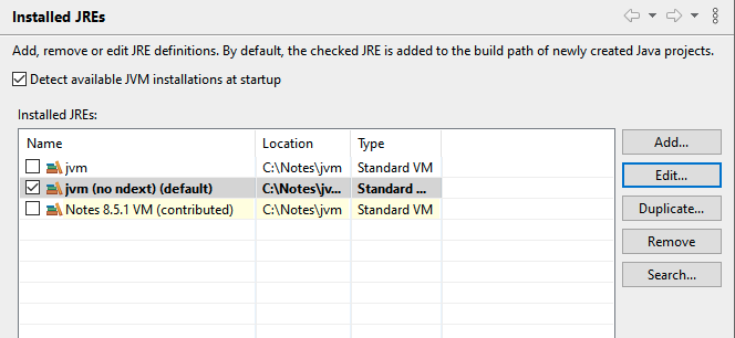 Screenshot of the 'Installed JREs' Eclipse pane showing the new JRE marked as default